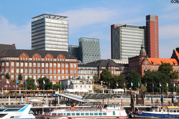Astraturm St Pauli (2007), Tanzende Türme (2012) & Atlantic-Haus (2006) above St Pauli Pier. Hamburg, Germany.
