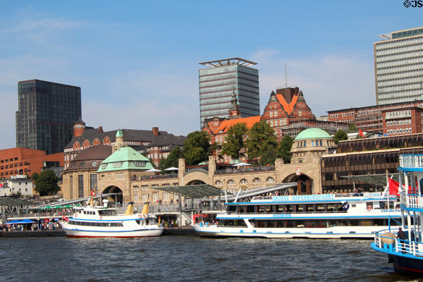 St Pauli Pier with buildings along Bernhard-Nocht on hill beyond. Hamburg, Germany.