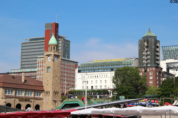 St Pauli Pier clock tower with buildings along Bernhard-Nocht on hill beyond. Hamburg, Germany.