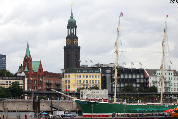 Swedish Gustav Adolf Church with tower of St Michael's church over Rickmer Rickmers museum ship. Hamburg, Germany.