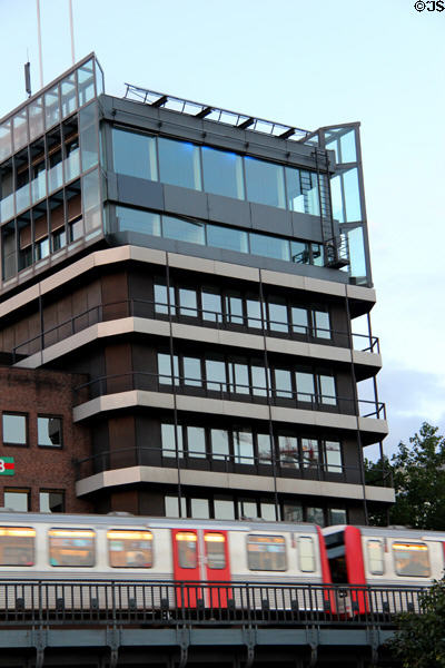 Johannisbollwerk streetscape with Subway train. Hamburg, Germany.