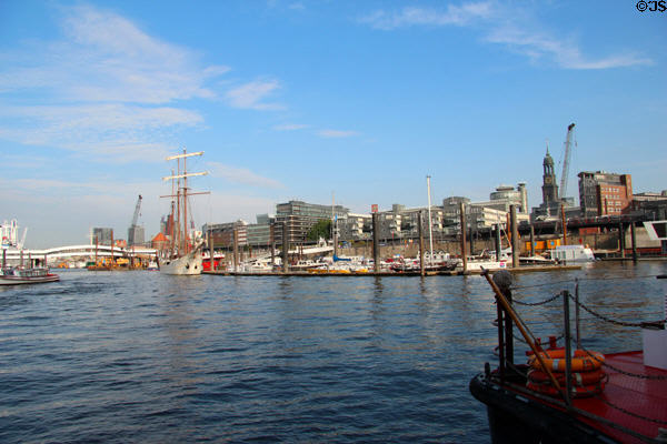 Johannisbollwerk streetscape over Elbe River. Hamburg, Germany.