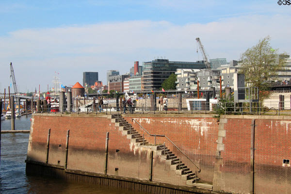 Steps leading down to Elbe River in HafenCity district. Hamburg, Germany.