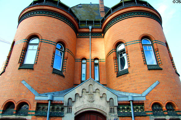 Entrance to Harbor Police Station building with coat-of-arms of Hamburg in HafenCity district. Hamburg, Germany.