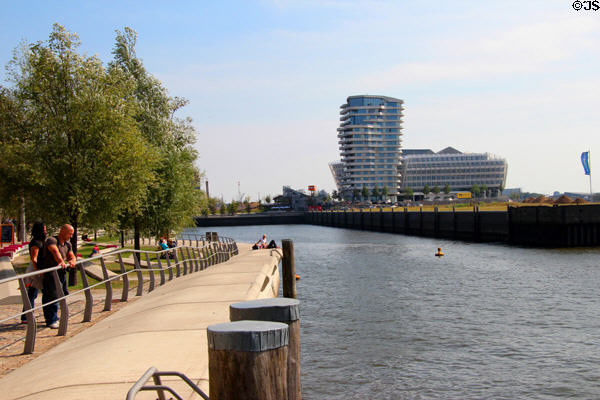 Unilever Haus & Marco-Polo tower seen from HafenCity promenade. Hamburg, Germany.