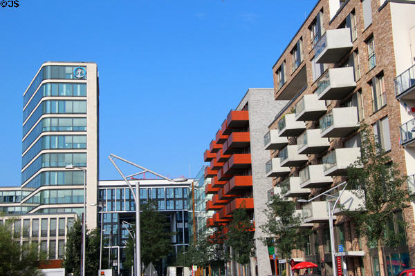 Kühne & Nagel headquarters with anchor emblem among other modern architecture in HafenCity. Hamburg, Germany.