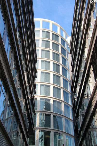 Side view of Meier's oval-shaped Coffee Plaza building (2008) in HafenCity. Hamburg, Germany.