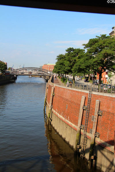 Walkway along Zollkanal with Brooks brücke. Hamburg, Germany.