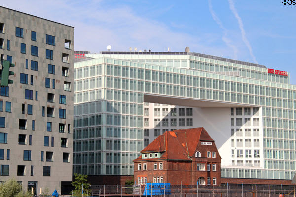 Modern buildings along Brooktorhaven with antique brick customs house (1911, rebuilt 2013). Hamburg, Germany.