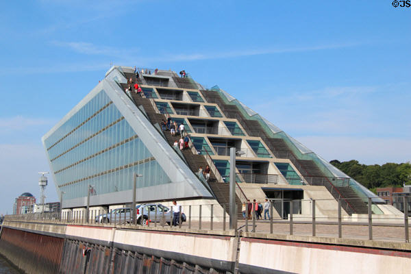 Sightseers climbing to rooftop observation deck at Docklands office building, part of the Altona Cruise Terminal complex. Hamburg, Germany.