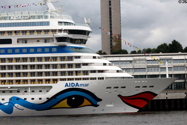 Cruise ship AIDA mar, Genoa, with fanciful artwork on prow, docked at Altona port. Hamburg, Germany.
