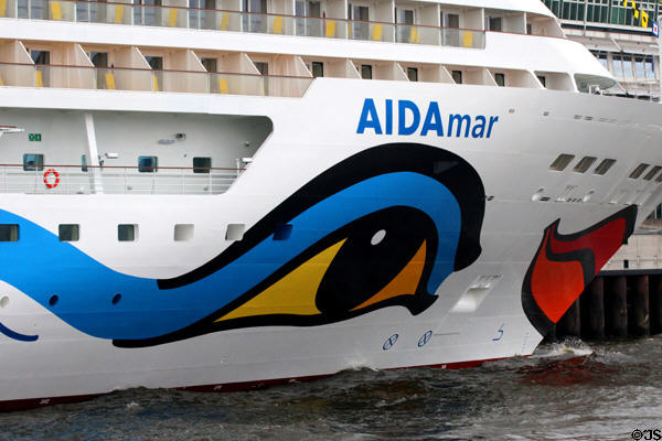 Colorful artwork on prow of AIDA mar, Genoa, docked at Altona port. Hamburg, Germany.