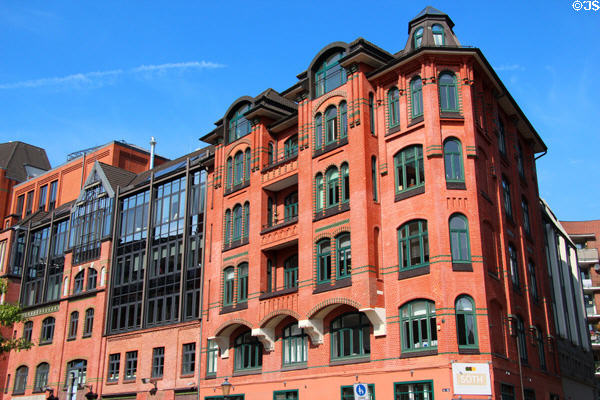 Details of facades of modern buildings with traditional elements along Elbe River in Altona borough. Hamburg, Germany.