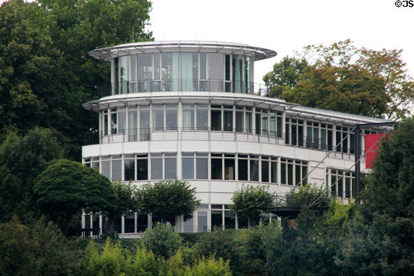 Modern building with round observation floors overlooking Elbe River. Hamburg, Germany.
