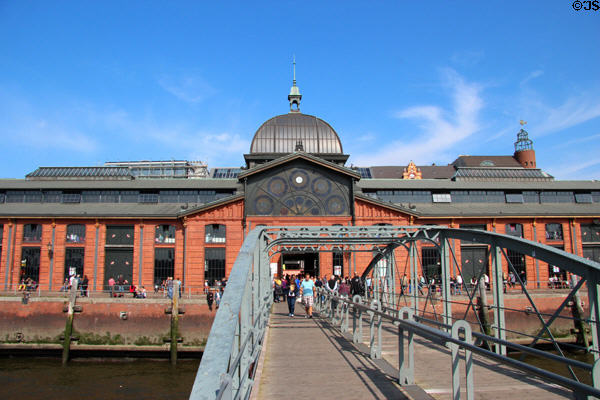 Hamburg Fish Market on Elbe River & footbridge leading to ferry pier. Hamburg, Germany.