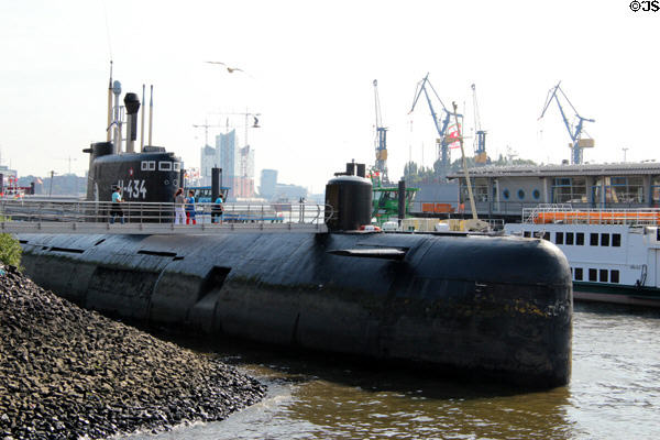 Russian submarine U-434 used for espionage during the Cold War (1976 until 2002) now a museum in Hamburg harbor. Hamburg, Germany.