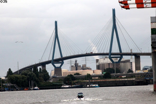 Hamburg Harbor bridge aka Köhlbrandbrücke (1974), a cable-stayed structure which bridges the Süderelbe. Hamburg, Germany.