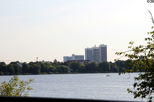 Hamburg skyline over Aussen-Alster lake. Hamburg, Germany.