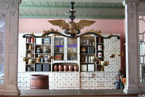 Replica of Colonial Goods Shop (c1830 era) which sold products such as coffee, tea, sugar, spices & cotton at Hamburg History Museum. Hamburg, Germany.