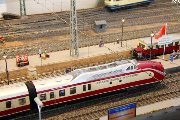 Trans Europe Express passenger car on model railway at Hamburg History Museum. Hamburg, Germany.
