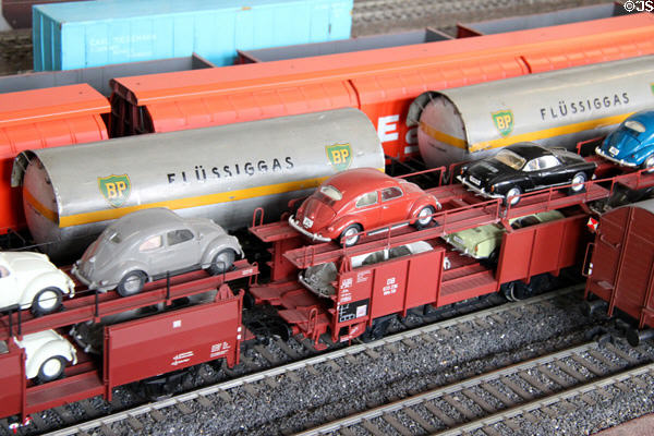 Freight car carrying Volkwagons on model railway at Hamburg History Museum. Hamburg, Germany.