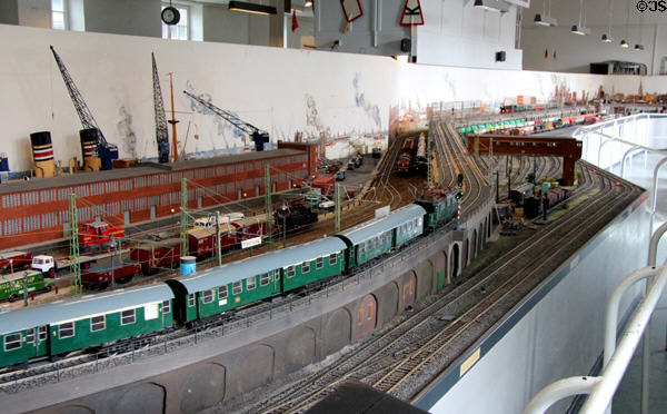 Tracks & trains at port of Hamburg on model railway at Hamburg History Museum. Hamburg, Germany.