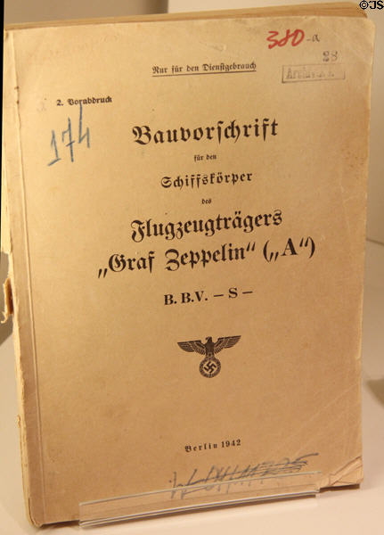 Specifications book (1942) for aircraft carrier "Graf Zeppelin" at International Maritime Museum. Hamburg, Germany.