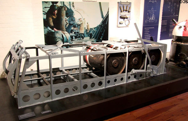 Depth charges & launcher from Soviet navy (1965) at International Maritime Museum. Hamburg, Germany.