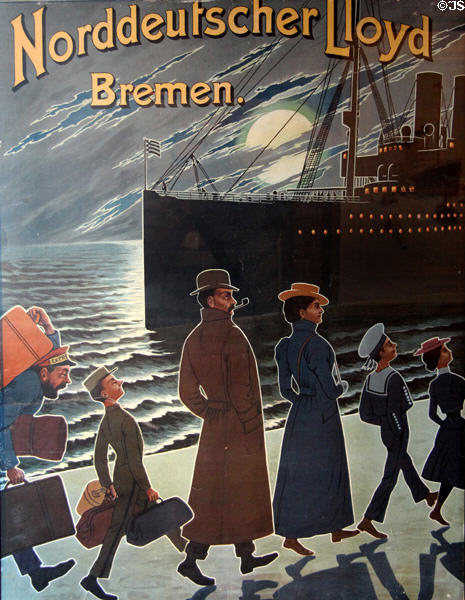 Poster for steamship service on Norddeutscher Lloyd line, Bremen at International Maritime Museum. Hamburg, Germany.