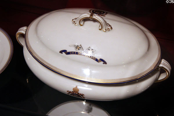 Lidded porcelain serving bowl from German Imperial Navy ship (end 19thC - early 20thC) at International Maritime Museum. Hamburg, Germany.