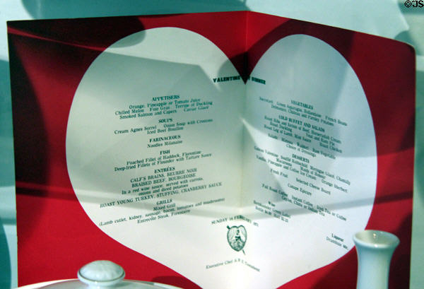 Valentine Day menu of Cunard line, February 14, 1971 at International Maritime Museum. Hamburg, Germany.