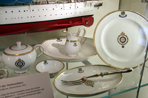 China (1914) used on German Imperial Navy Yacht, Hohenzollern, with "W" for Kaiser Wilhelm II at International Maritime Museum. Hamburg, Germany.