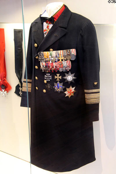 Uniform of Felix Graf Luckner, known for extraordinary exploits during WWI as a merchant ship raider for the Imperial Navy, at International Maritime Museum. Hamburg, Germany.