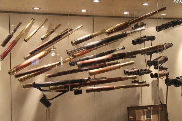 Vintage binoculars & spotting scopes at International Maritime Museum. Hamburg, Germany.