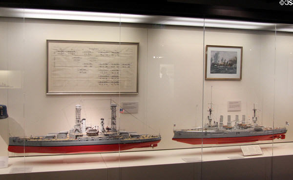 Models of historic US & German battleships at International Maritime Museum. Hamburg, Germany.