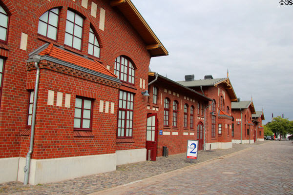 Row of buildings including dormitories, living areas, dining rooms, church, synagogue, a music venue and a medical center at Emigration Museum BallinStadt. Hamburg, Germany.