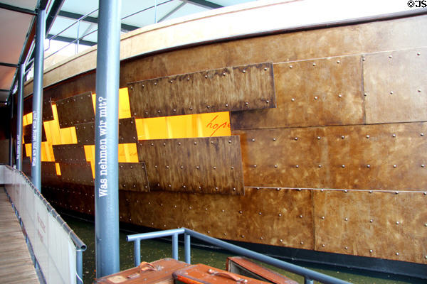 Model of gangway to passenger ship with question "What do we take with us?" at Emigration Museum BallinStadt. Hamburg, Germany.