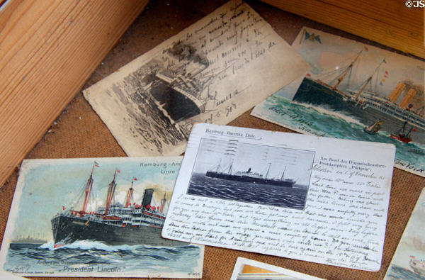 Ship postcards at Emigration Museum BallinStadt. Hamburg, Germany.