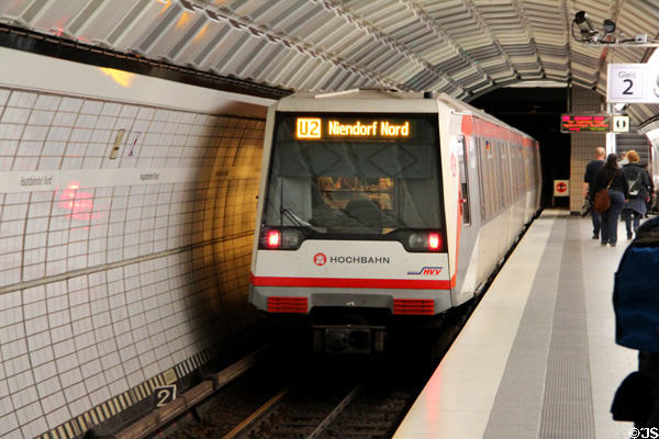 Rail car of Hamburg U-Bahn rapid transit system in station. Hamburg, Germany.
