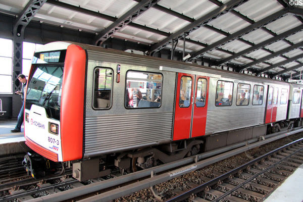 Rail car of Hamburg U-Bahn rapid transit system in station. Hamburg, Germany.