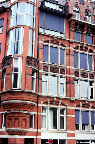 Traditional Hamburg brick building wih carved decoration. Hamburg, Germany.