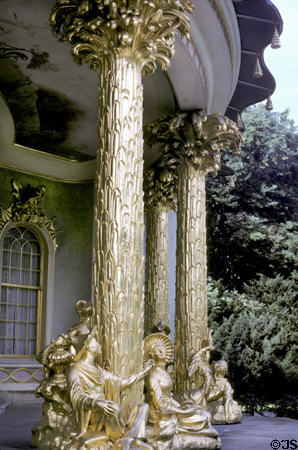 Gold columns & figures which encircle Chinese Teahouse. Potsdam, Germany.