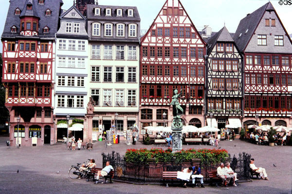Ostzeile row of half-timbered houses reconstructed in style of medieval burghers' houses in Römer area. Frankfurt am Main, Germany.