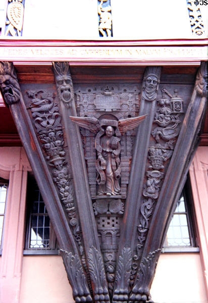 Detail of building Ostzeile building on Grosser Engel street, Römer area. Frankfurt am Main, Germany.