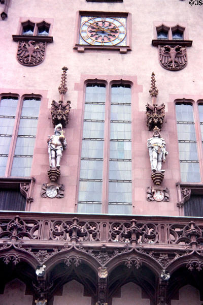 Details of statues of two of four Holy Roman Emperors with special relationship to Frankfurt on facade of Haus zum Römer. Frankfurt am Main, Germany.
