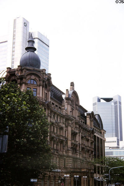 Pre WWI building with skyscrapers of modern city in background. Frankfurt am Main, Germany.