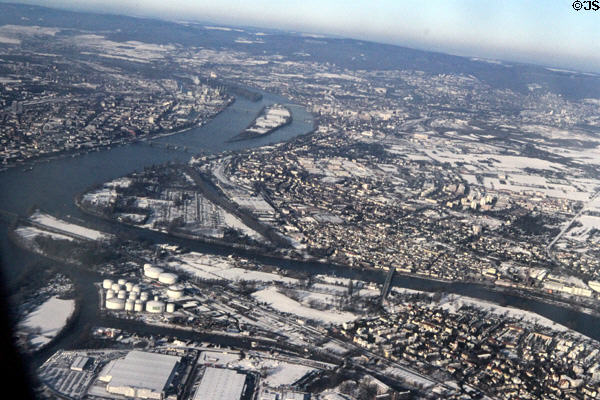 Aerial view of point where Main River flows into Rhine River with city of Mainz & Mainz-Kastel on far side. Germany.