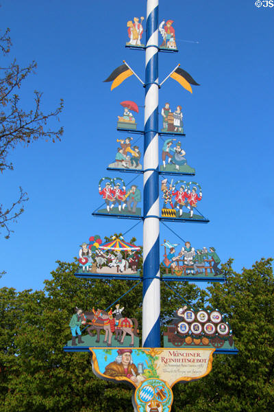 May pole marking German Beer Purity Law (enacted 1487) at Viktualienmarkt. Munich, Germany.