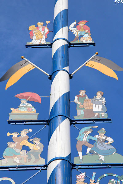 Scenes of Oktoberfest celebrations on May pole at Viktualienmarkt. Munich, Germany.