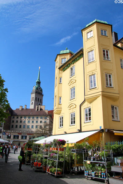 Heritage buildings with plant shop on Viktualienmarkt. Munich, Germany.